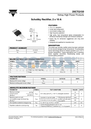 20CTQ150 datasheet - Schottky Rectifier, 2 x 10 A