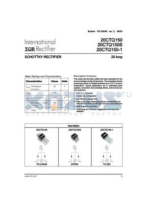20CTQ150-1TRR datasheet - SCHOTTKY RECTIFIER