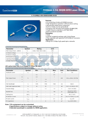 C-15-DFB2.5-P-SMU2 datasheet - 1550nm 2.5G MQW-DFB Laser Diode