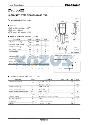 2SC5622 datasheet - Silicon NPN triple diffusion mesa type(For horizontal deflection output)