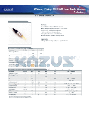 C-15-DFB2.5-PD-SFC-K datasheet - 1550 nm, 2.5 Gbps MQW-DFB Laser Diode Modules