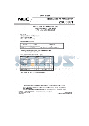 2SC5801 datasheet - NPN SILICON RF TRANSISTOR FOR HIGH-FREQUENCY LOW NOISE 3-PIN LEAD-LESS MINIMOLD