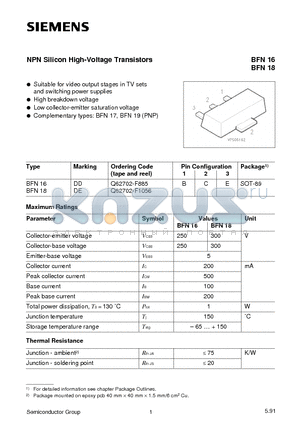 BFN18 datasheet - NPN Silicon High-Voltage Transistors (Suitable for video output stages in TV sets and switching power supplies High breakdown voltage)