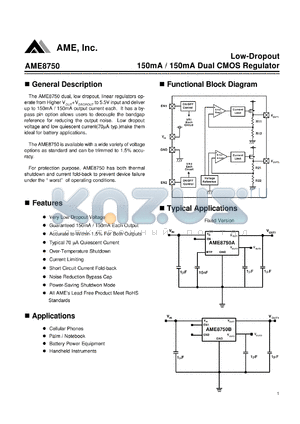 AME8750BEEY1825Z datasheet - Low-Dropout 150mA / 150mA Dual CMOS Regulator