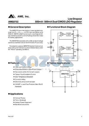 AME8753 datasheet - Low Dropout 500mA / 500mA Dual CMOS LDO Regulator