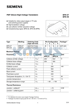 BFN37 datasheet - PNP Silicon High-Voltage Transistors (Suitable for video output stages in TV sets and switching power supplies High breakdown voltage)