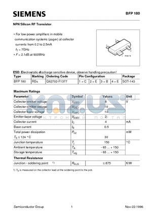 BFP180 datasheet - NPN Silicon RF Transistor (For low-power amplifiers in mobile communication systems pager at collector currents from 0.2 to 2.5mA)