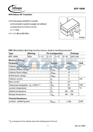 BFP180W datasheet - NPN Silicon RF Transistor