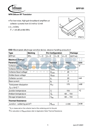 BFP181 datasheet - NPN Silicon RF Transistor