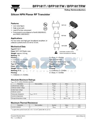 BFP181TRW datasheet - Silicon NPN Planar RF Transistor