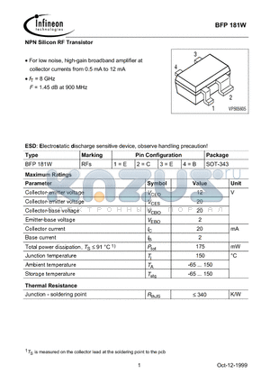 BFP181W datasheet - NPN Silicon RF Transistor