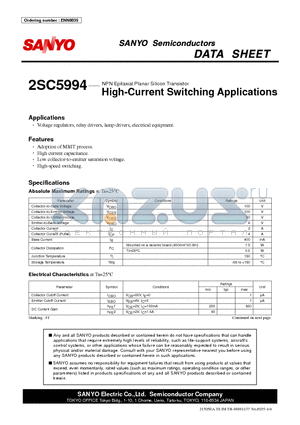 2SC5994 datasheet - NPN Epitaxial Planar Silicon Transistor High-Current Switching Applications