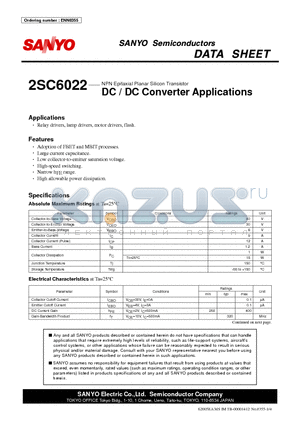 2SC6022 datasheet - NPN Epitaxial Planar Silicon Transistor DC / DC Converter Applications