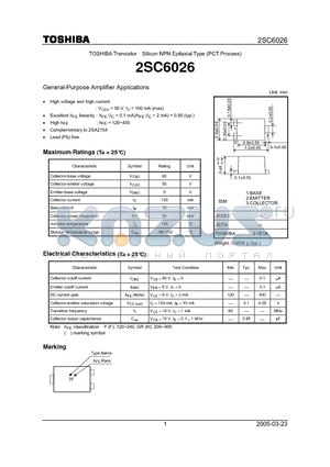 2SC6026 datasheet - Silicon NPN Epitaxial Type (PCT Process) General-Purpose Amplifier Applications