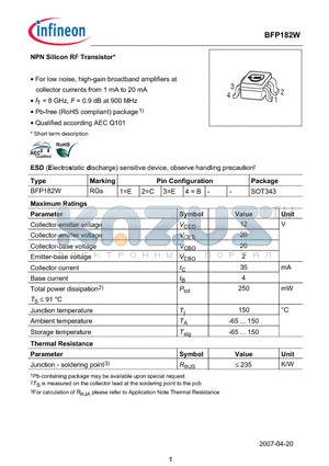 BFP182W datasheet - NPN Silicon RF Transistor