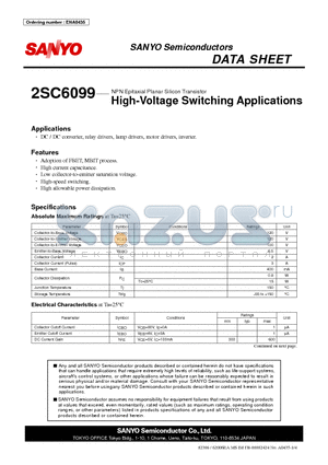 2SC6099 datasheet - NPN Epitaxial Planar Silicon Transistor High-Voltage Switching Applications