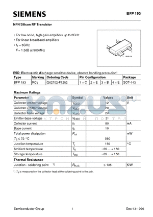 BFP193 datasheet - NPN Silicon RF Transistor (For low noise, high-gain amplifiers up to 2GHz For linear broadband amplifiers)