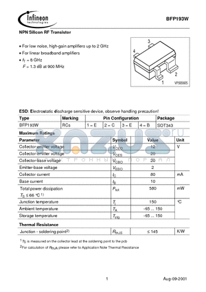 BFP193W datasheet - NPN Silicon RF Transistor
