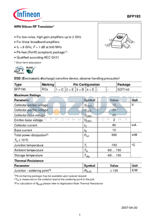 BFP193_07 datasheet - NPN Silicon RF Transistor