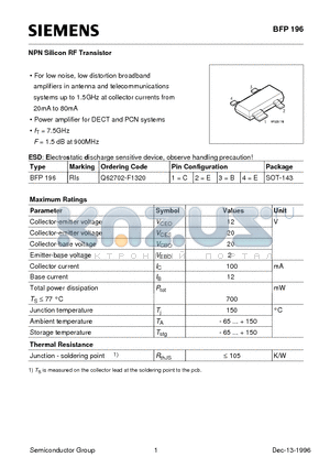 BFP196 datasheet - NPN Silicon RF Transistor (For low noise, low distortion broadband amplifiers in antenna and telecommunications)