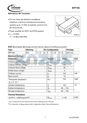 BFP196 datasheet - NPN Silicon RF Transistor