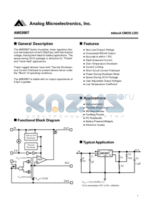 AME8807BEHA datasheet - 600mA CMOS LDO