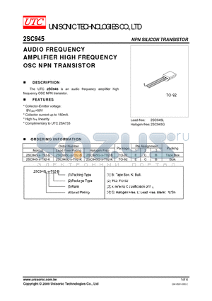 2SC945G-X-T92-B datasheet - AUDIO FREQUENCY AMPLIFIER HIGH FREQUENCY OSC NPN TRANSISTOR