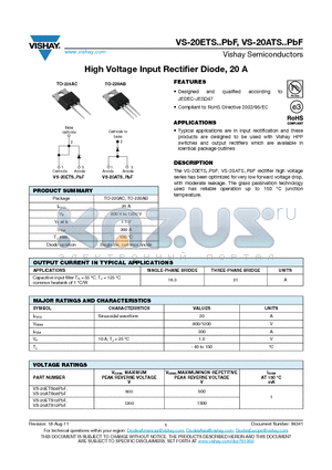 20ETS08PBF datasheet - High Voltage Input Rectifier Diode, 20 A