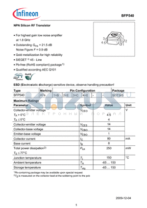 BFP540 datasheet - NPN Silicon RF Transistor