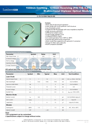 C-15-F04P-NLCH datasheet - 1550nm Emitting , 1310nm Receiving (PIN-TIA, 3.3V), Bi-directional Diplexer Optical Module