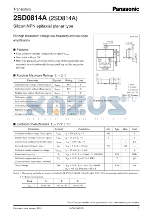 2SD0814A datasheet - For High Breakdown Voltage Low-Frequency And Low-Noise
