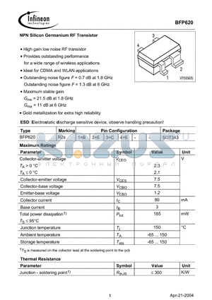 BFP620 datasheet - NPN Silicon Germanium RF Transistor