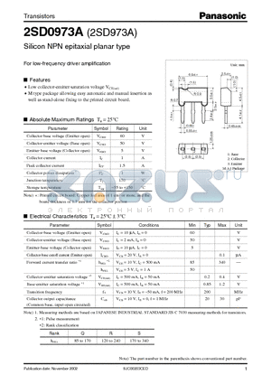 2SD0973A datasheet - For Low-Frequency Driver Amplification