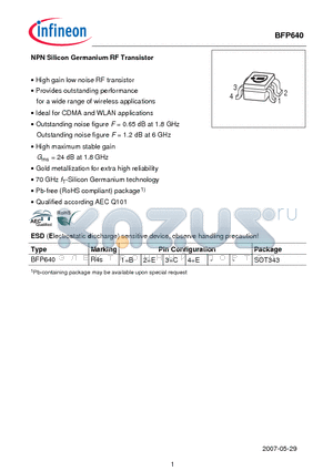 BFP640 datasheet - NPN Silicon Germanium RF Transistor