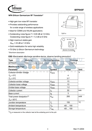 BFP640F datasheet - NPN Silicon Germanium RF Transistor