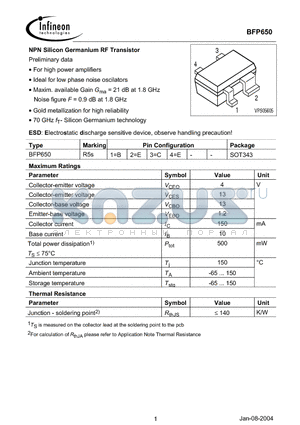 BFP650 datasheet - NPN Silicon Germanium RF Transistor