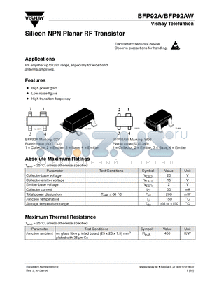 BFP92 datasheet - Silicon NPN Planar RF Transistor