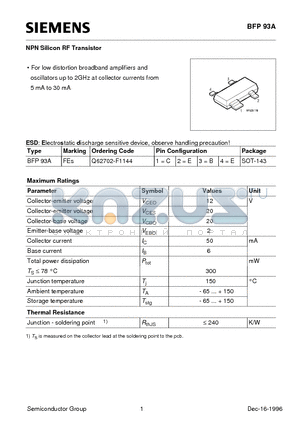 BFP93A datasheet - NPN Silicon RF Transistor (For low distortion broadband amplifiers and oscillators up to 2GHz at collector currents from 5 mA to 30 mA)