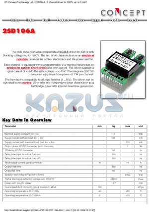 2SD106A datasheet - Ultra-compact dual SCALE driver for IGBTs with blocking voltages up to 1200V