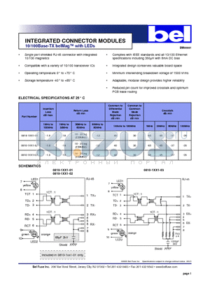 0810-1XX1-01 datasheet - INTEGRATED CONNECTOR MODULES 10/100Base-TX belMag with LEDs