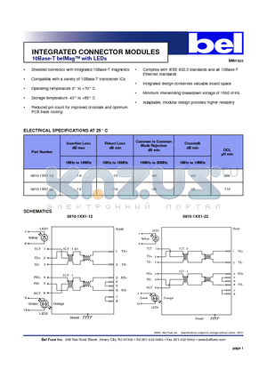 0810-1XX1-12 datasheet - INTEGRATED CONNECTOR MODULES 10Base-T belMag with LEDs