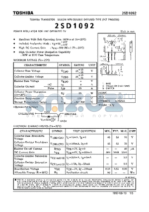 2SD1092 datasheet - NPN DOUBLE DIFFUSED TYPE (POWER REGULATOR FOR LINE OPERATED TV)