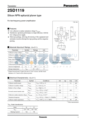 2SD1119 datasheet - Silicon NPN epitaxial planer type(For low-frequency power amplification0