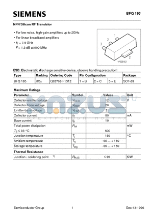 BFQ193 datasheet - NPN Silicon RF Transistor (For low noise, high-gain amplifiers up to 2GHz For linear broadband amplifiers)