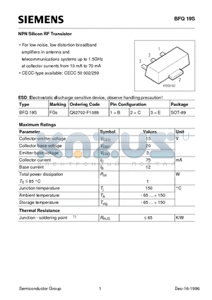BFQ19S datasheet - NPN Silicon RF Transistor (For low noise, low distortion broadband amplifiers in antenna and)