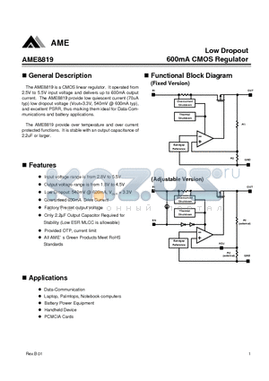 AME8819AEFA285Z datasheet - Low Dropout 600mA CMOS Regulator