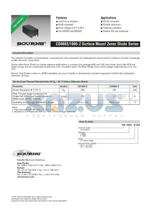 CD0603-Z2 datasheet - CD0603/1005-Z Surface Mount Zener Diode Series