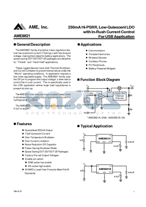 AME8821 datasheet - 250mA Hi-PSRR, Low-Quiescent LDO with In-Rush Current Control For USB Application