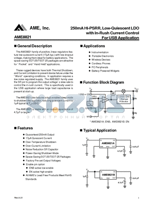 AME8821AEEV300Y datasheet - 250mA Hi-PSRR, Low-Quiescent LDO with In-Rush Current Control For USB Application