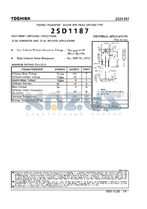 2SD1187 datasheet - NPN TRIPLE DIFFUSED TYPE (HIGH POWER SWITCHING, DC-DC CONVERTER AND DC-AC INVERTER APPLICATIONS)